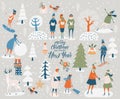 Merry Christmas and happy New year vector greeting card with winter games and people. Celebration template. Winter games and fun