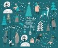 Merry Christmas and happy New year vector greeting card with winter games and people. Celebration template with winter games