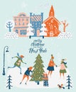 Merry Christmas and happy New year vector greeting card with winter games and people. Celebration template. Winter city