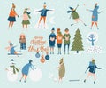 Merry Christmas and happy New year vector greeting card with winter games and people. Celebration template. Winter frosty day Royalty Free Stock Photo