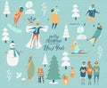 Merry Christmas and happy New year vector greeting card with winter games and people. Celebration template. Winter games Royalty Free Stock Photo