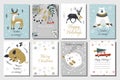 Merry Christmas and Happy New Year vector greeting cards set with cute animals. Hand drawn card set.Gift tags set, hand Royalty Free Stock Photo