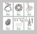 Merry Christmas and Happy New Year vector hand drawn labels, card, banners. Christmas ball, Fir-tree cone, Mistletoe, Frozen Star,