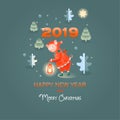 Cute pig. Merry Christmas and Happy New Year. Winter forest. Greeting card Royalty Free Stock Photo