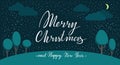 Merry Christmas and happy New Year Vector Lettering with winter landscape. Greeting Card on blue color background
