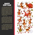 Merry Christmas and Happy New Year 2018 vector poster of deer or reindeer cartoon funny character celebrating holidays. Royalty Free Stock Photo