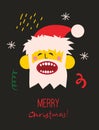 Merry Christmas and Happy New Year 2023. Vector trendy abstract illustrations of holiday card with crazy santa claus and