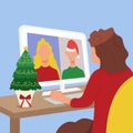 Merry Christmas and Happy New Year. Video call with friends, colleagues. Vector illustration. Online Conference