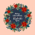 Merry Christmas and Happy New Year vintage artistic calligraphic greeting card with a wreath. Poinsettia, mistletoe and fir tree Royalty Free Stock Photo