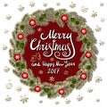 Merry Christmas And Happy New Year 2017 Vintage Background With Typography card with gold Christmas wreath. Vector illustration.