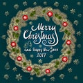 Merry Christmas And Happy New Year 2017 Vintage Background With Typography card with gold Christmas wreath. Vector illustration. Royalty Free Stock Photo