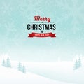 Merry Christmas and Happy New Year vintage badge on the landscape background. Holiday foggy winter background with falling snow. Royalty Free Stock Photo