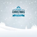 Merry Christmas and Happy New Year vintage badge on the landscape background. Holiday winter background with falling snow. Royalty Free Stock Photo