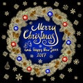 Merry Christmas And Happy New Year 2017 Vintage black Background blue With Typography card with gold Christmas wreath. Vector Royalty Free Stock Photo