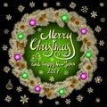 Merry Christmas And Happy New Year 2017 Vintage black Background green With Typography card with gold Christmas wreath. Vector ill Royalty Free Stock Photo