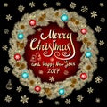 Merry Christmas And Happy New Year 2017 Vintage black Background red With Typography card with gold Christmas wreath. Vector illus Royalty Free Stock Photo