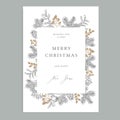 Merry Christmas, Happy New Year vintage floral greeting card, invitation. Holiday frame with evergreen fir tree branches