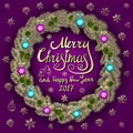 Merry Christmas And Happy New Year 2017 Vintage purple Background With Typography card with gold Christmas wreath. Vector Royalty Free Stock Photo