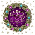 Merry Christmas And Happy New Year 2017 Vintage purple Background With Typography card with gold Christmas wreath. Vector Royalty Free Stock Photo