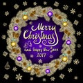 Merry Christmas And Happy New Year 2017 Vintage violet Background black With Typography card with gold Christmas wreath. Vector il Royalty Free Stock Photo