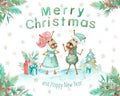 Merry christmas and happy new year watercolor greeting card. Two smiling horses next to a festive Christmas tree Royalty Free Stock Photo