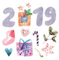 Merry Christmas and Happy New Year watercolor set Royalty Free Stock Photo