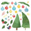 Merry Christmas and Happy New Year watercolor set plants. Hand draw watercolor clipart. Spruce, balls, mistletoe and Royalty Free Stock Photo