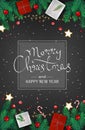 Merry Christmas and Happy New Year Web Banner Template. Festive Decoration with fir branches, gifts, candy cane, lollipops