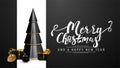 Merry Christmas and a Happy New Year, white and black postcard with volumetric geometrical Christmas tree with presents in black