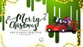 Merry Christmas and happy New Year, white discount banner with green streaks of paint on the white wall and red vintage car Royalty Free Stock Photo