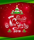 Merry Christmas and Happy New Year 2019 white hand lettering text with Christmas tree on red background.Greeting card design-Vecto Royalty Free Stock Photo