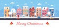 Merry Christmas, Happy New Year in winter city, cartoon urban wintery cityscape with cute town house Royalty Free Stock Photo