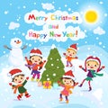 Merry Christmas And Happy New Year. 2017. Winter fun. Cheerful kids playing in the snow. Stock vector illustration of a group of Royalty Free Stock Photo