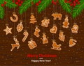 Merry Christmas and Happy New Year winter greeting card background with hanging on ropes gingerbread cookies Royalty Free Stock Photo