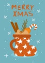 Christmas happy new year winter greeting card with decorated hot drink mulled wine mug in a shape of shoe vector illustration