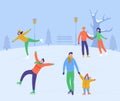 Merry Christmas, Happy New Year winter holiday greeting card. People characters ice skating on the rink. Excited family