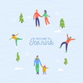 Merry Christmas, Happy New Year winter holiday greeting card. People characters ice skating on the rink. Excited family