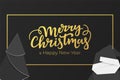 Merry Christmas and happy New Year winter holidays greeting card with lettering and frame of gold foil. Royalty Free Stock Photo