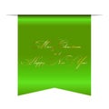 Merry Christmas and Happy New Year wishes, 3D ribbon isolated white background. Elegant glossy green scroll bookmark