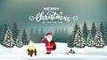 merry Christmas and happy new year wishes with snowy landscape at night. Christmas trees and Santa clause. Royalty Free Stock Photo