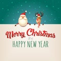 Merry Christmas and happy New year wishing you Santa Claus and Reindeer on billboard - green background