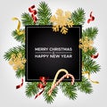 Merry Christmas and Happy New Year. Xmas background with realistic pine branches and glitter gold snowflakes, candy canes