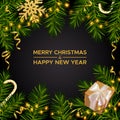 Merry Christmas and Happy New Year. Xmas dark background with realistic pine branches, gifts box and glitter gold snowflakes Royalty Free Stock Photo