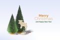 Merry Christmas and Happy New Year. Xmas decorative composition, decor scene with reindeer, Christmas trees and gifts in