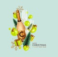 Merry Christmas and Happy New Year. Xmas Festive background with realistic 3d objects champagne bottle, gift boxes, bauble balls, Royalty Free Stock Photo