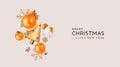 Merry Christmas and Happy New Year. Xmas Festive background with realistic 3d objects, orange and white bauble balls, conical