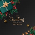 Merry Christmas and Happy New Year. Xmas holiday banner decorated with Gift box, Christmas ball, Fir tree, Berry, Sparkling light. Royalty Free Stock Photo