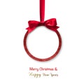 Merry Christmas and Happy New Year Xmas red ball hanging ornament decoration with red bow ribbon and copyspace for party Royalty Free Stock Photo