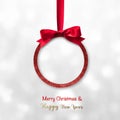 Merry Christmas and Happy New Year Xmas red ball hanging ornament decoration with red bow ribbon Royalty Free Stock Photo