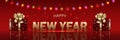 Merry Christmas and Happy New Year 2020, Xmas vector banner, mockup for holiday illustration design, red background, gift boxes Royalty Free Stock Photo